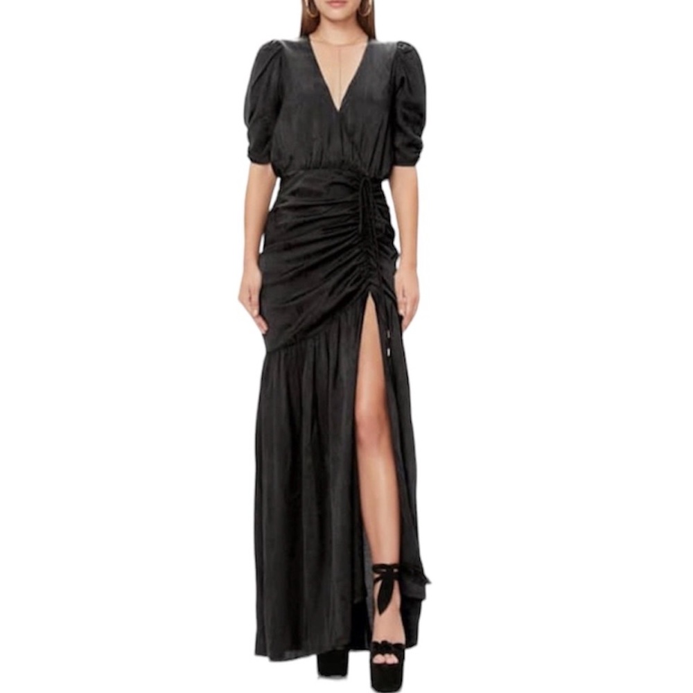 AFRM Black Nile Ruched Snake-Jacquard Maxi Dress small